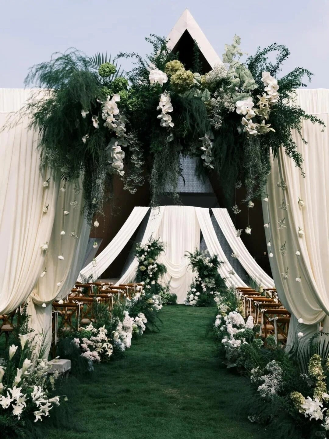 Wild Green Outdoor Lawn Wedding Inspiration with Flowing Drapery and Botanical Florals