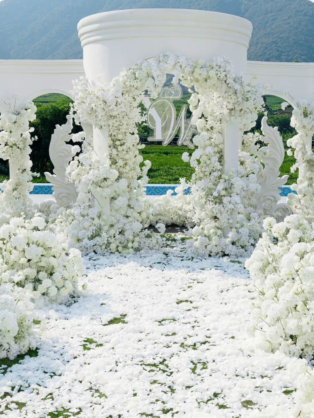 French-Inspired White Garden Wedding with Romantic Drapery and White Flowers