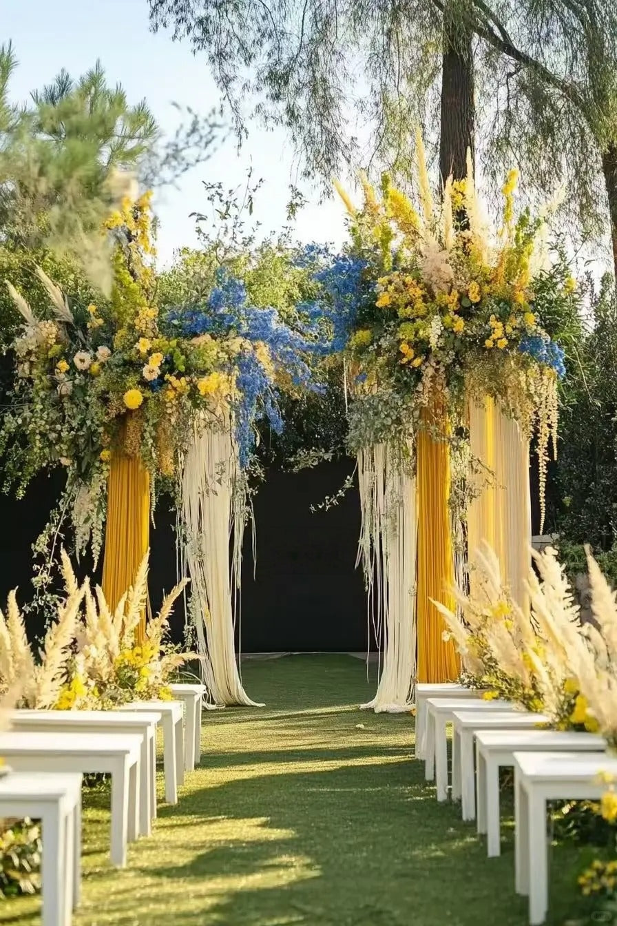 Fresh Yellow and Blue Outdoor Wedding Inspiration with Hanging Florals