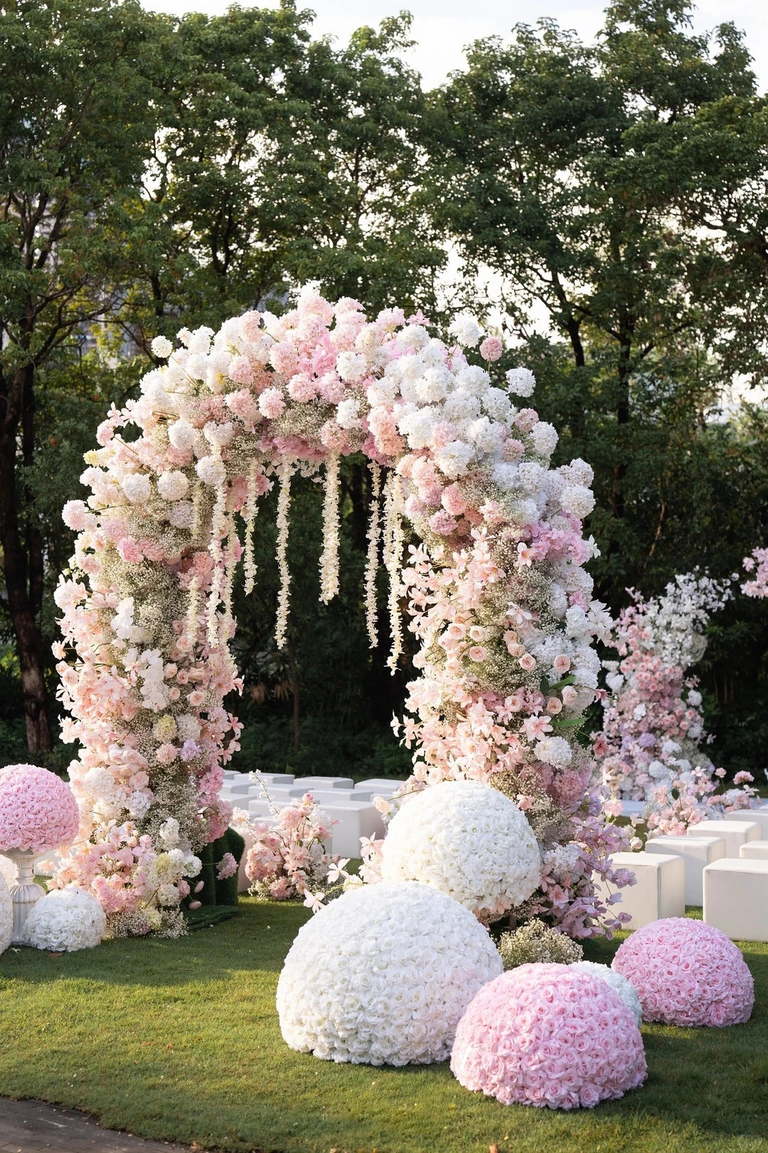 Pink and White Garden Wedding Ideas with Romantic Floral Arches