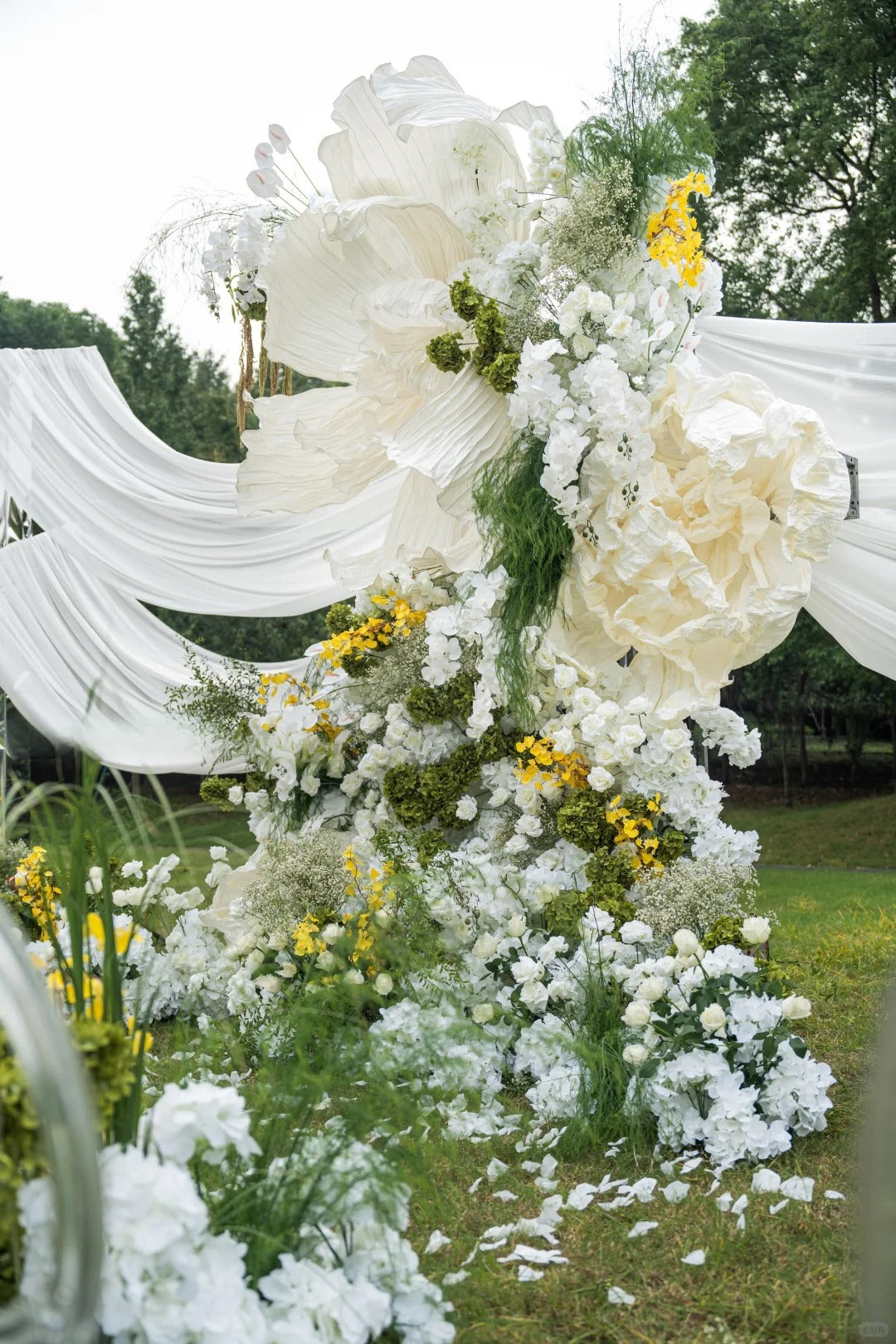 Outdoor Garden Wedding Inspiration with White Draping, Giant Paper Flowers, and Fresh Yellow Accents