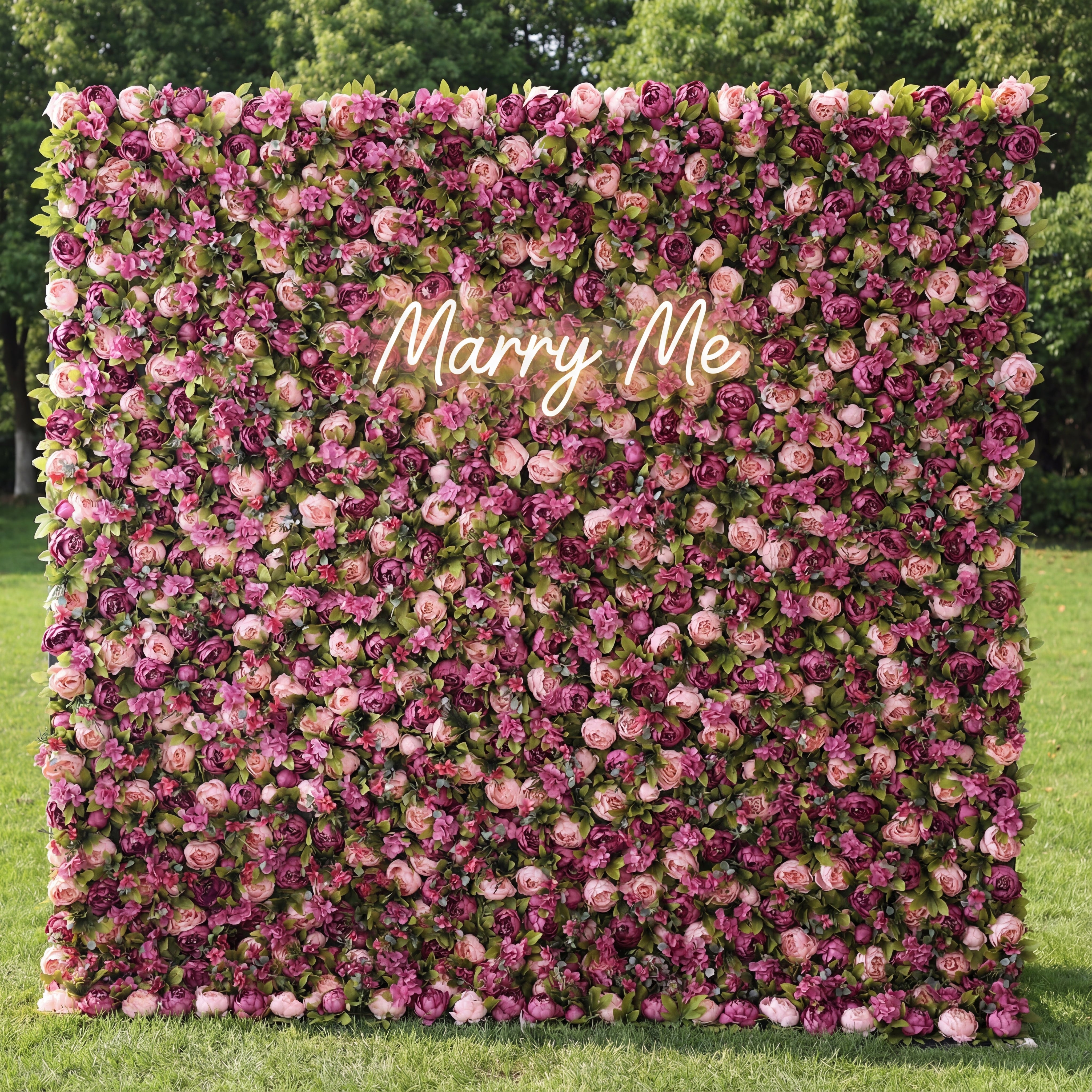 Valar 꽃 롤업 패브릭 인공 터키어 장미와 옅은 올리브 녹색 잎과 밝은 난초 색상 꽃 벽 결혼식 배경, 꽃 파티 장식, 이벤트 사진-VF-001