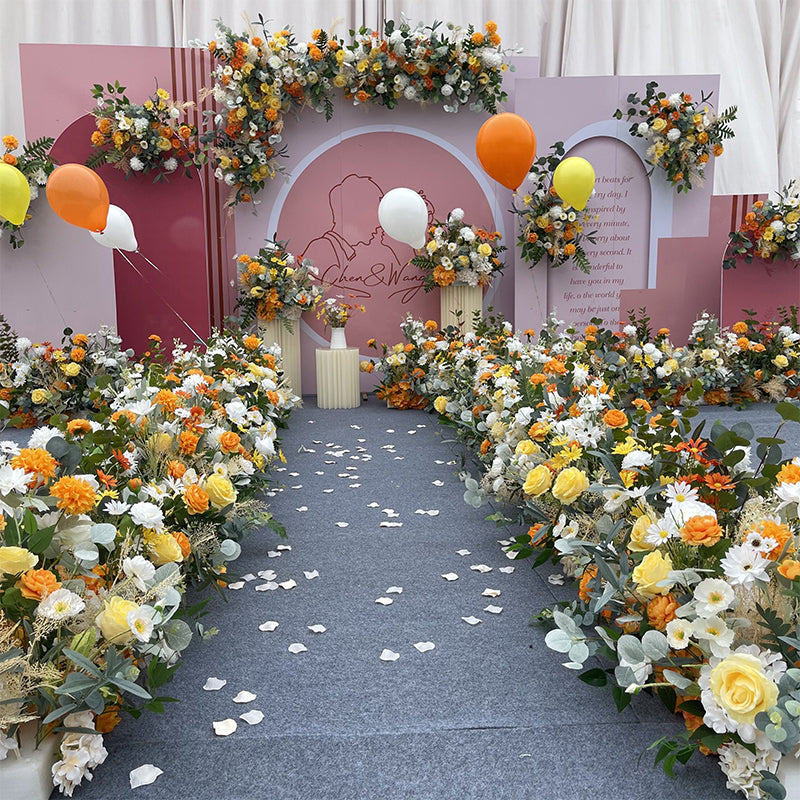 Valar Flower Fresh Yellow-Orange Faux Floral Aisle Runner — Eucalyptus Wedding Runway Decoration WF-122