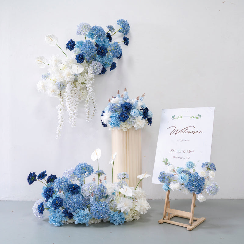 Decoración de boda floral elegante en azul y blanco, arreglo de flores artificiales, fondo para ceremonia y conjunto de cartel de bienvenida FA-208