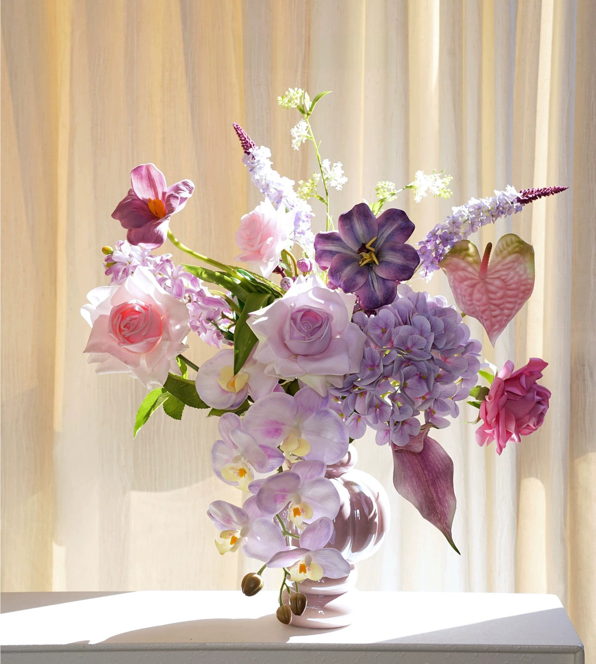 ValarFlower Lavender Pink Artificial Flower Arrangement, Romantic Orchid Rose Floral Decor for Wedding and Home VB-303