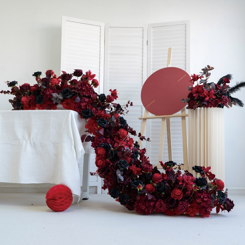Corredor de mesa de boda floral en rojo intenso y negro, arreglo de flores artificiales, decoración para recepción y exhibición de eventos FA-221