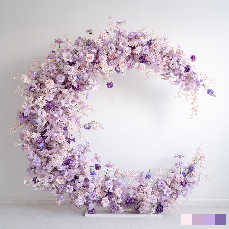 Arco en forma de luna púrpura pastel con flores de seda, instalación floral falsa romántica para ocasiones especiales VA-355