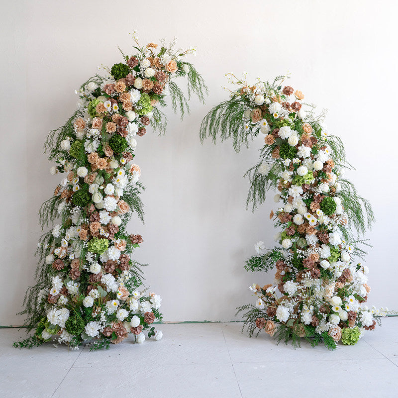 ValarFlower Luxury Asymmetrical Floral Wedding Arch, Artificial Flower Ceremony Backdrop with Greenery and White Peach Roses, Romantic Garden Wedding Decor, Event Entrance Decoration VA-413