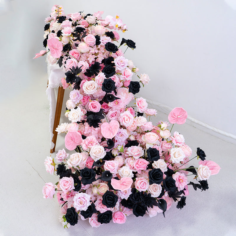 Blush Pink and Black Rose Table Runner, Modern Artificial Flower Arrangement for Wedding or Event Decor FA-237