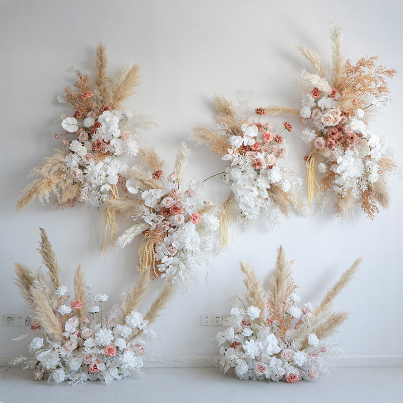 ترتيب زهور صناعية بلون الخوخ والأبيض – مجموعة تنسيق طاولة وديكور لافتة للفعالية الرومانسية FA-263