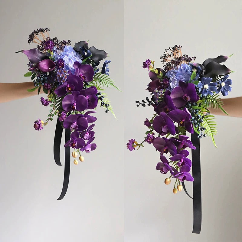 ValarFlower Artificial Bridal Bouquet, Cascading Purple Orchid Wedding Bouquet with Calla Lily & Blue Flowers for Bride Decor VB-319
