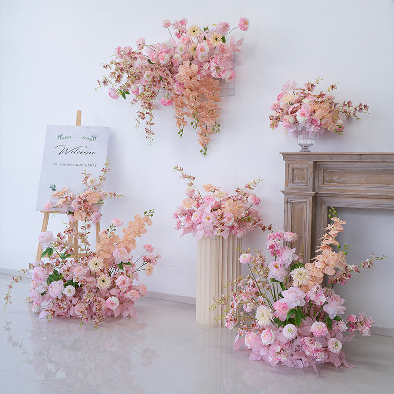 Pfirsich-weißes Kunstblumenarrangement – Romantisches Event-Tisch- und Schild-Styling-Set FA-263