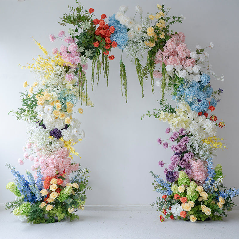 Rainbow-Inspired Artificial Floral Arch – Statement Wedding Backdrop with Bold Color Blocks VA-368