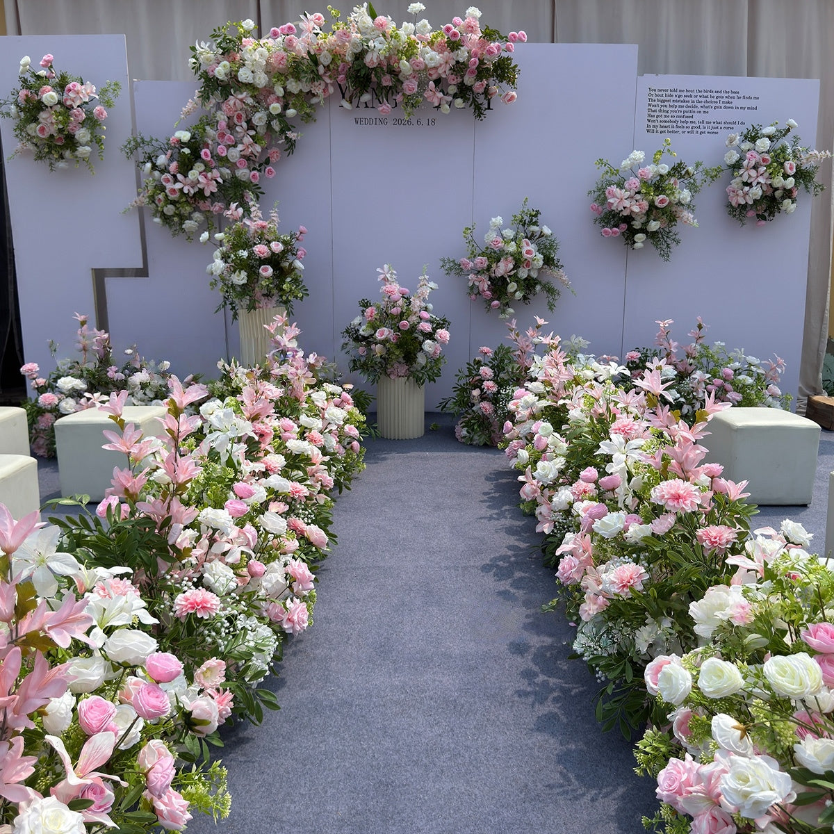Valar Flower Blush Pink Aisle Floral Runner — Rose Cascade & Faux Orchid Wedding Ceremony Decor WF-117