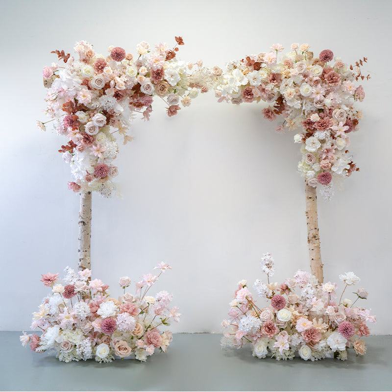 Boho Neutral Kunstblumenbogen – Eleganter Hochzeitshintergrund in Rosa und Elfenbein FA-260