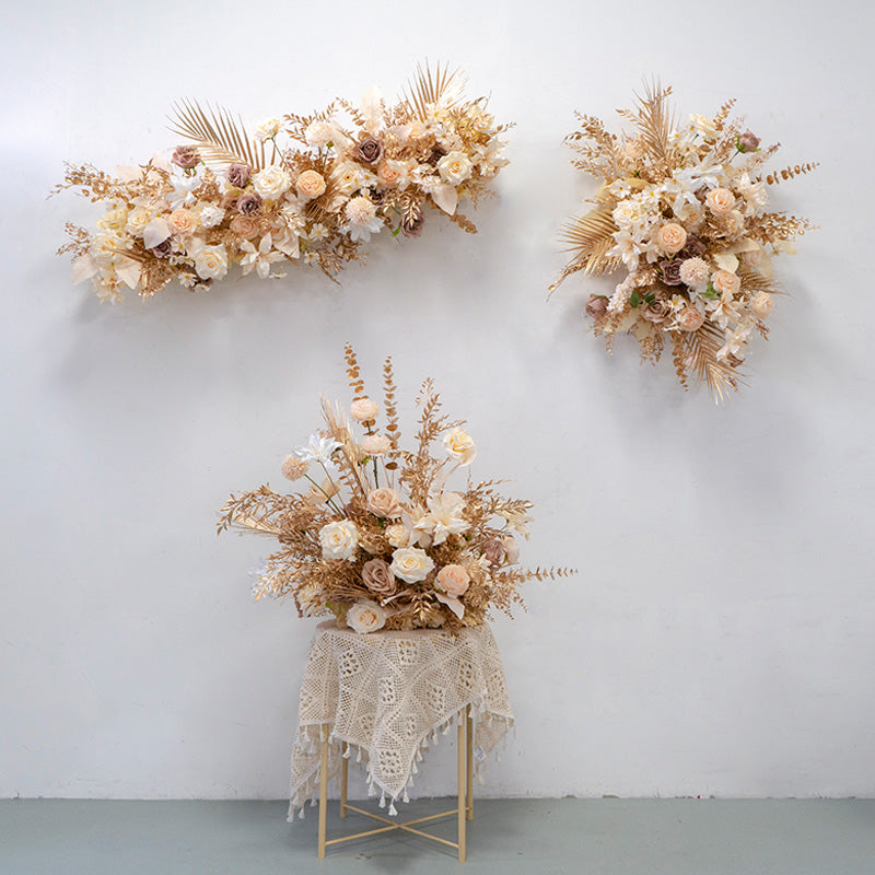 Champagne Beige and Gold Artificial Flower Set – Boho Chic Floral Installation for Weddings & Showers FA-258