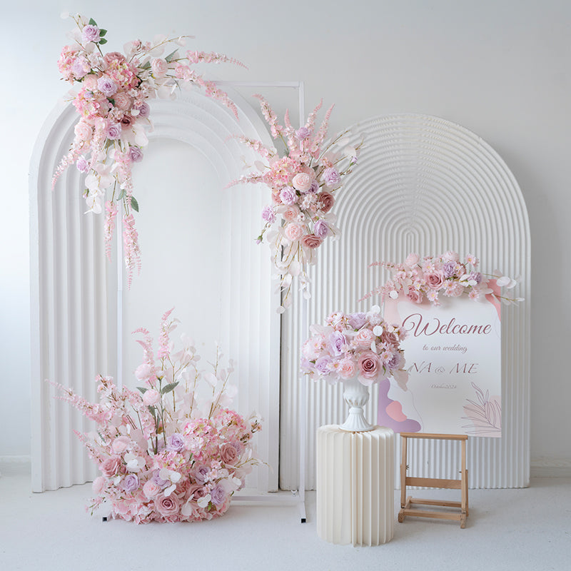 ピンクフローラルアーチと柱セット、人工花の結婚式バックドロップ、エンゲージメントプロポーズデコール、イベントフォトグラフィー FA-201
