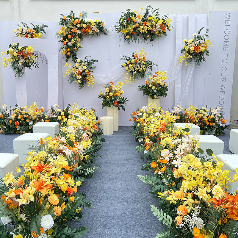 Valar Flower Large Yellow Aisle Floral Runner — Faux Eucalyptus & Silk Flower Wedding Pathway Decor WF-118