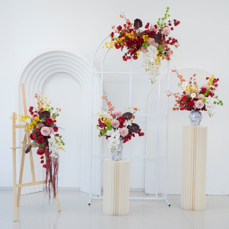 Valar Flower Oriental Style Red Wedding Wall Floral Arrangement Set – Artificial Flower Decoration for Ceremony & Event Backdrop FA-281