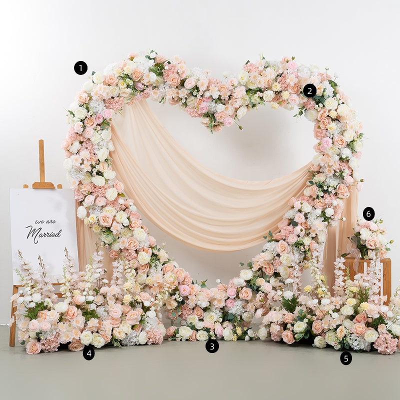Luxuriöse 5D rosa herzförmige florale Hochzeitskulisse, künstliches Blumenarrangement-Dekor, romantischer Blumenbogenständer HA-401