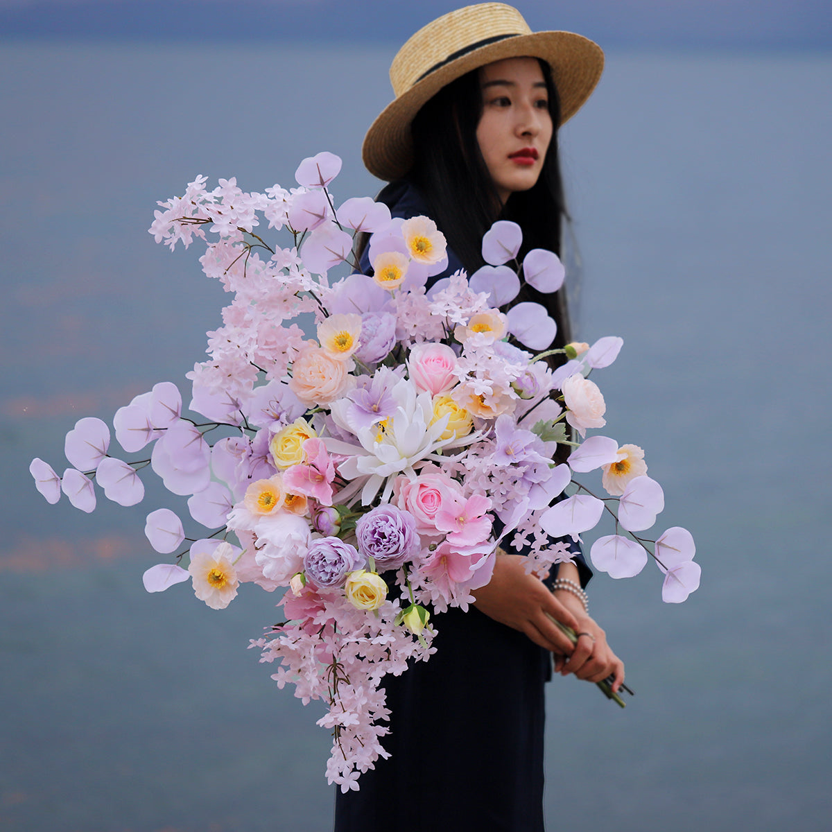 Elegant Cascading Faux Flower Bouquet – Romantic Silk Floral Arrangement for Wedding & Home Décor VB-205 (Without Vase)