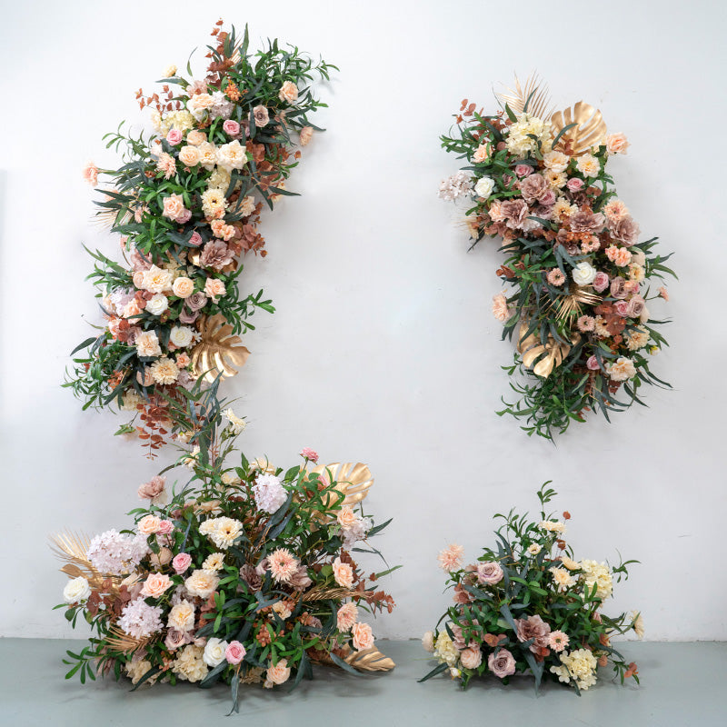 Warm Earth-Tone Faux Floral Display – Boho Event Wall & Floor Decoration with Tropical Gold Palms FA-253