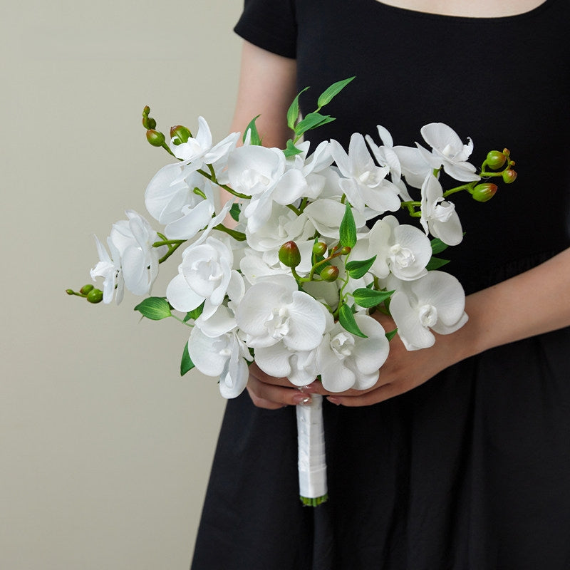 ValarFlower Artificial White Orchid Bridal Bouquet, Elegant Faux Wedding Bouquet with Greenery for Bride, Bridesmaid & Ceremony Photoshoot VB-261