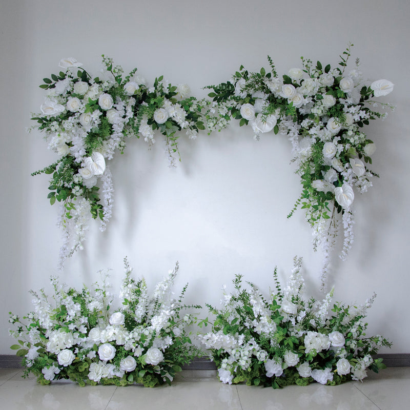 Classic All-White Faux Flower Arch with Greenery – Wedding Backdrop for Indoor & Outdoor Use FA-261