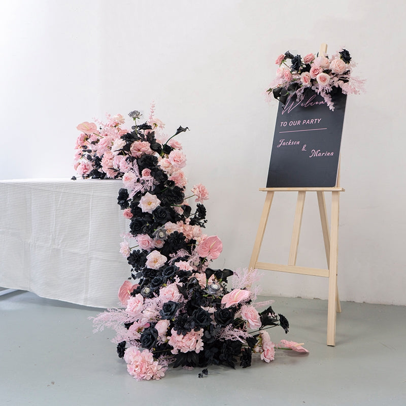 Decoración de boda elegante en negro y rosa con flores, arreglo de flores artificiales, fondo para ceremonia FA-212
