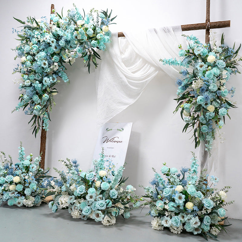 Conjunto de Arco de Boda Artificial en Azul Menta y Blanco – Fondo Floral Romántico para Bodas en la Playa o en Verano FA-262