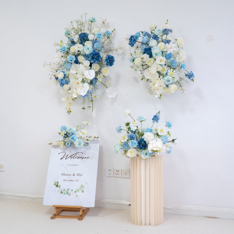 Combinación Floral Azul Tiffany y Blanco - Exhibición Floral Elegante para Área de Bienvenida de Boda FA-254