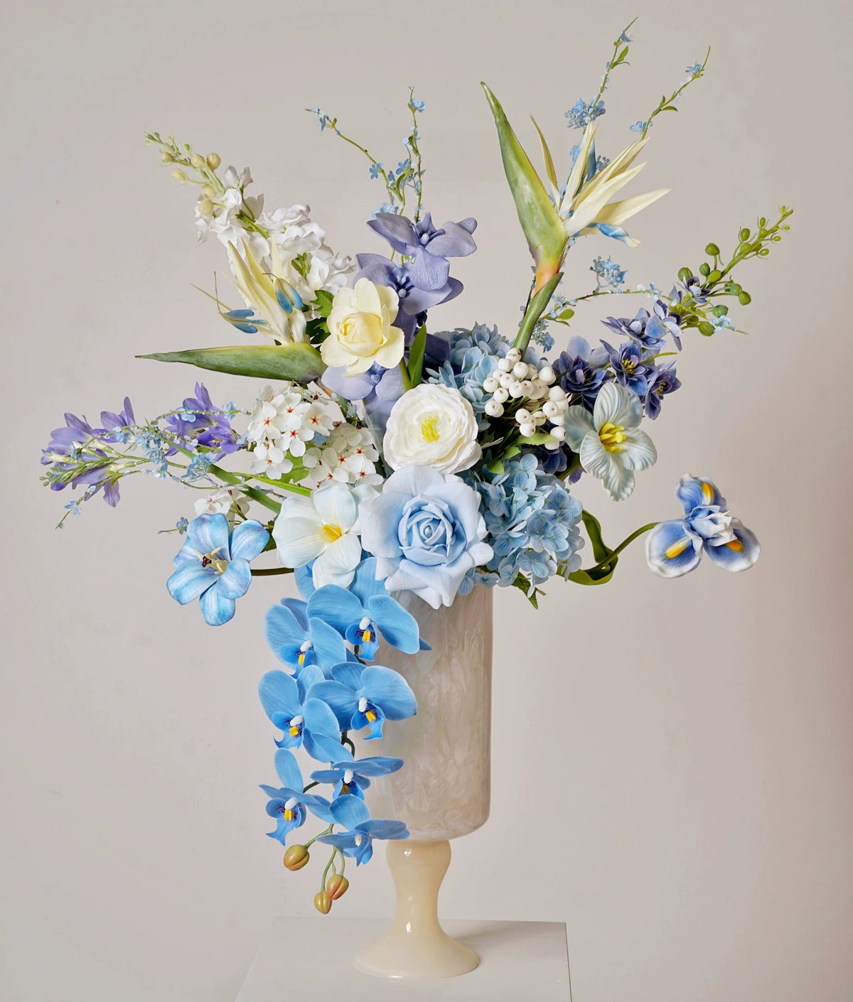 ValarFlower Blue White Artificial Flower Arrangement, Elegant Orchid Rose Floral Decor for Wedding and Home VB-293