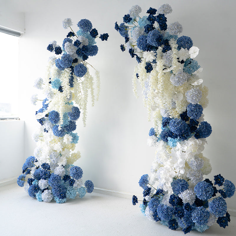 Blue Elegant Moon Shape Wedding Ceremony Floral Horn Arch - Artificial Flower Arch for Weddings, Events, and Special Occasions VA-312