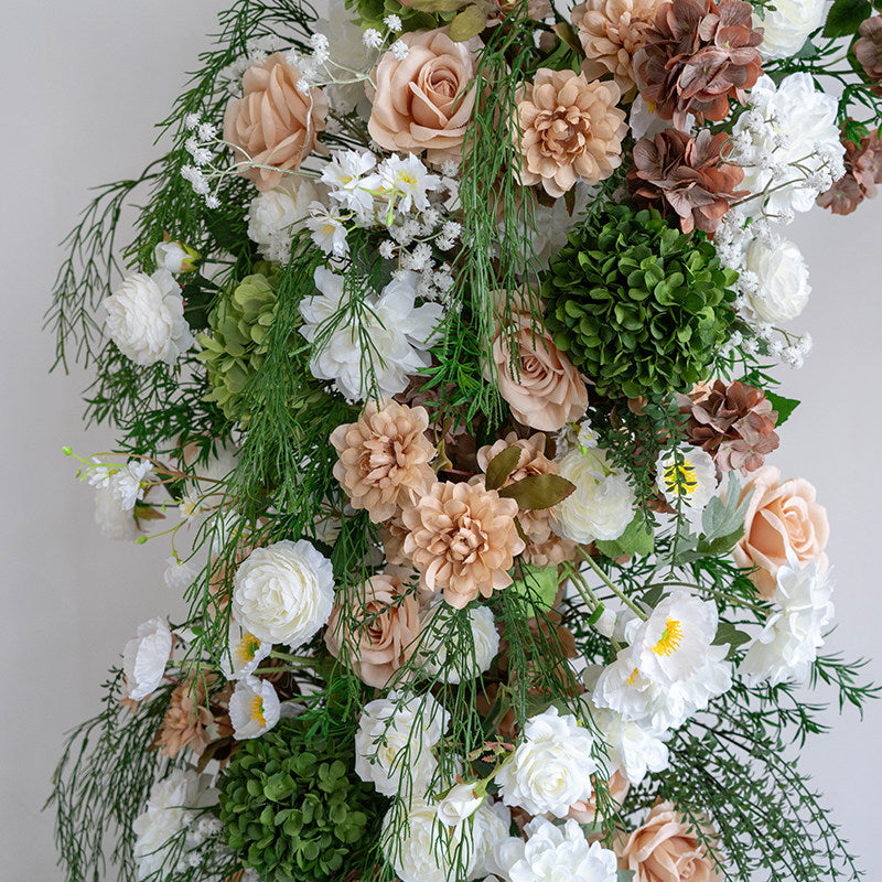 ValarFlower Luxury Asymmetrical Floral Wedding Arch, Artificial Flower Ceremony Backdrop with Greenery and White Peach Roses, Romantic Garden Wedding Decor, Event Entrance Decoration VA-413