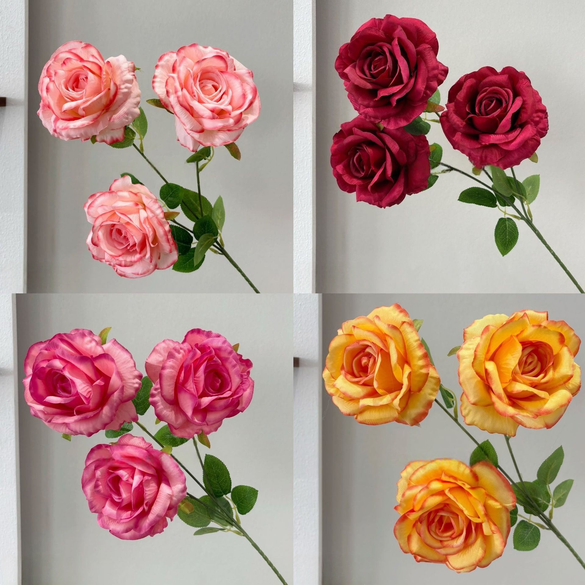 3 Head Burnt-Edge Coral Rose Stem – Realistic Faux Flower for Home Decor & Floral Design FS-1022