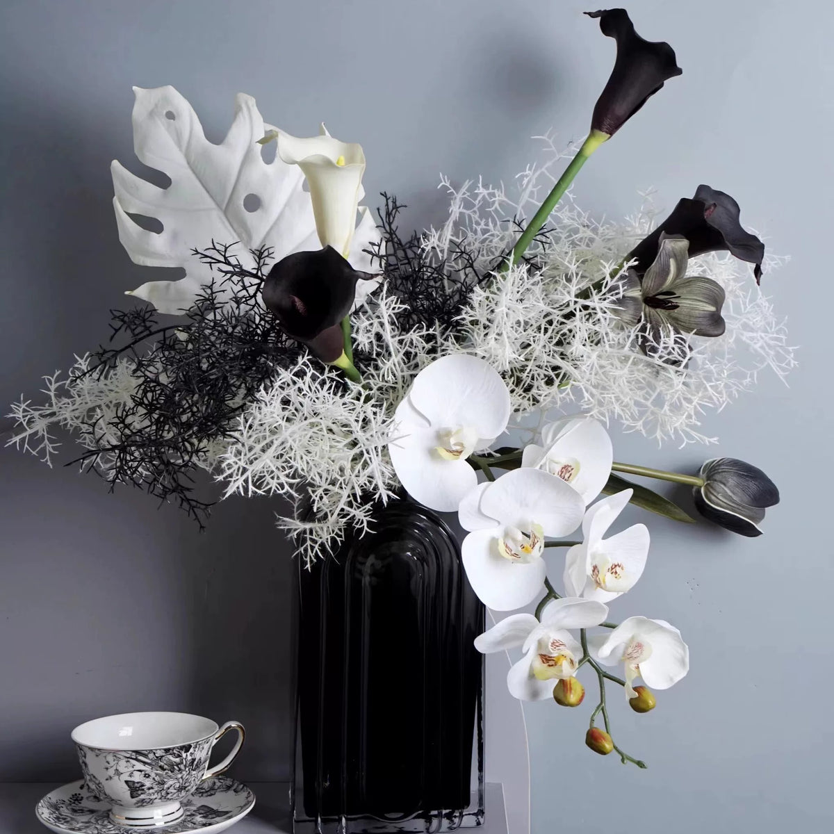 ValarFlower Black White Artificial Orchid Flower Arrangement, Modern Calla Lily Floral Decor for Wedding and Home VB-279