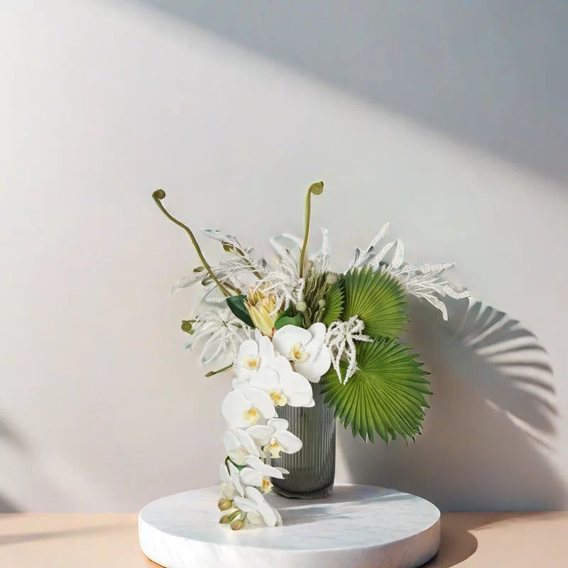 ValarFlower White Orchid Artificial Floral Arrangement, Modern Tropical Flower Decor with Green Palm Leaves VB-280