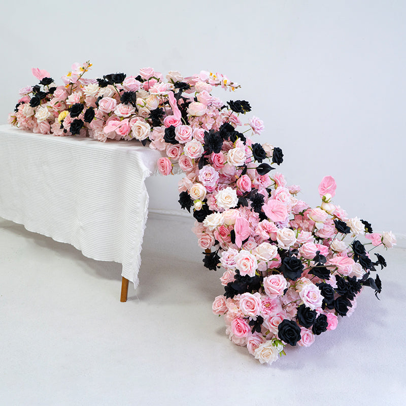 Blush Pink and Black Rose Table Runner, Modern Artificial Flower Arrangement for Wedding or Event Decor FA-237