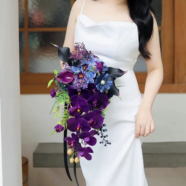 ValarFlower Artificial Bridal Bouquet, Cascading Purple Orchid Wedding Bouquet with Calla Lily & Blue Flowers for Bride Decor VB-319