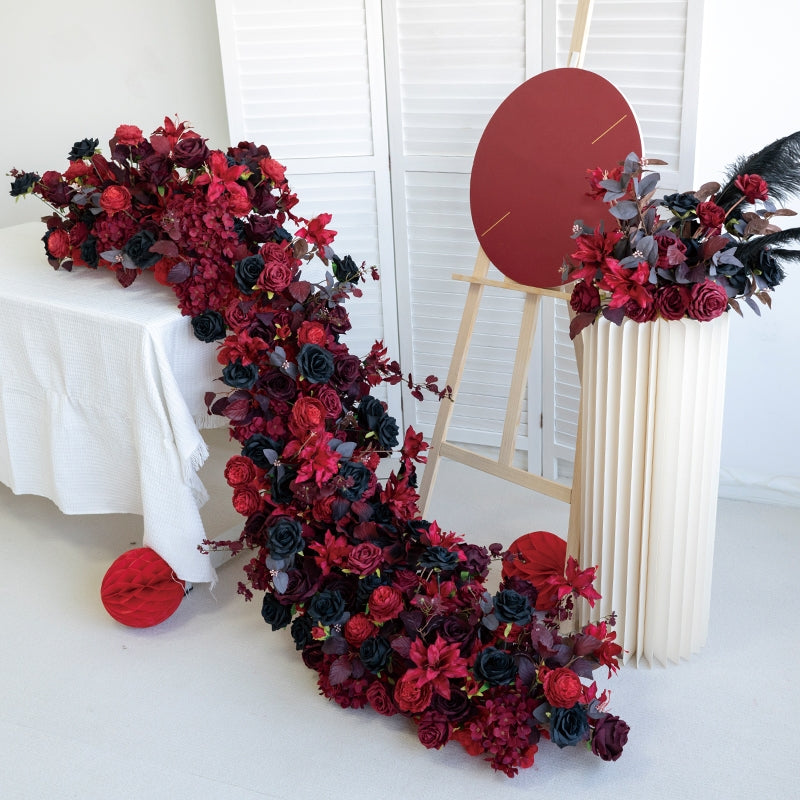 Corredor de mesa de boda floral en rojo intenso y negro, arreglo de flores artificiales, decoración para recepción y exhibición de eventos FA-221