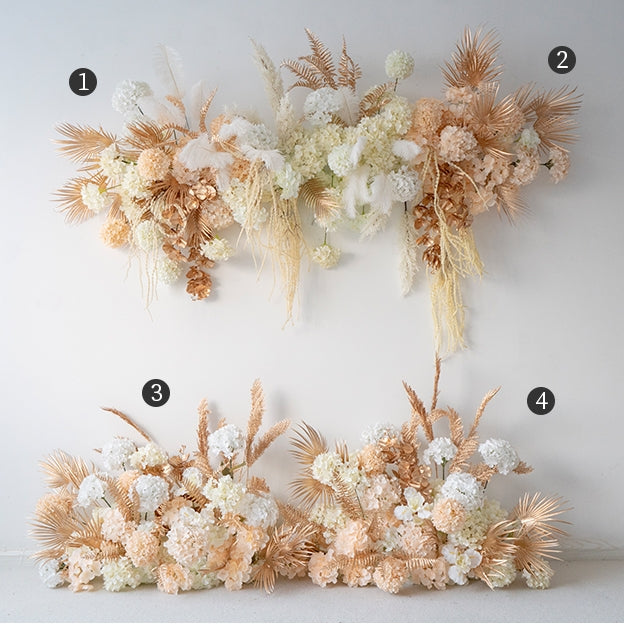 Champagne and White Floral Wall and Centerpieces, Artificial Wedding Backdrop, Event Party Decor FA-207
