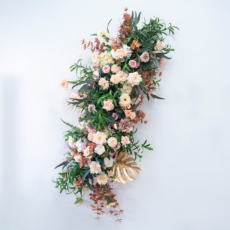 Warm Earth-Tone Faux Floral Display – Boho Event Wall & Floor Decoration with Tropical Gold Palms FA-253