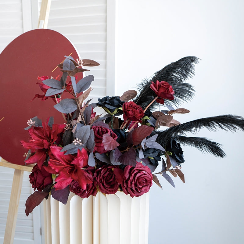 Corredor de mesa de boda floral en rojo intenso y negro, arreglo de flores artificiales, decoración para recepción y exhibición de eventos FA-221