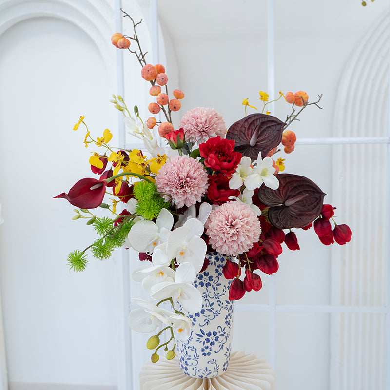 Valar Flower Oriental Style Red Wedding Wall Floral Arrangement Set – Artificial Flower Decoration for Ceremony & Event Backdrop FA-281