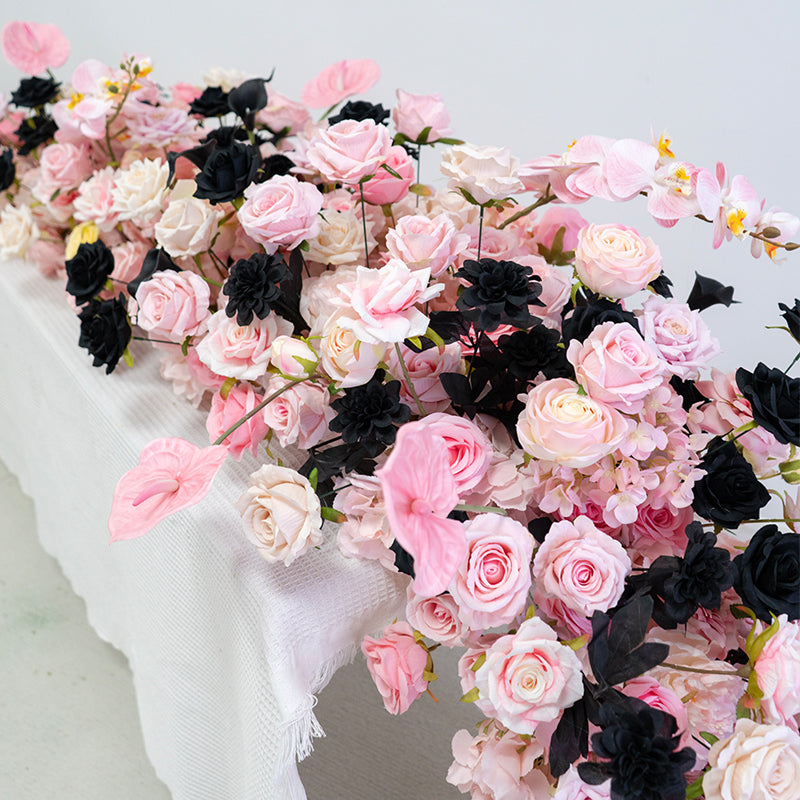Blush Pink and Black Rose Table Runner, Modern Artificial Flower Arrangement for Wedding or Event Decor FA-237