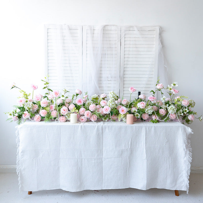 Blush Pink and White Flower Table Runner, Artificial Floral Arrangement for Wedding Reception or Sweetheart Table FA-242
