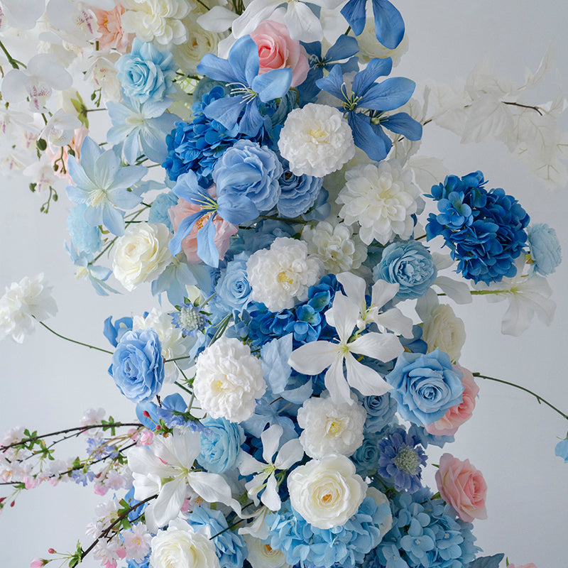 Blue-Pink Theme Elegant Moon Shape Wedding Ceremony Floral Horn Arch - Artificial Flower Arch for Weddings, Events, and Special Occasions VA-309