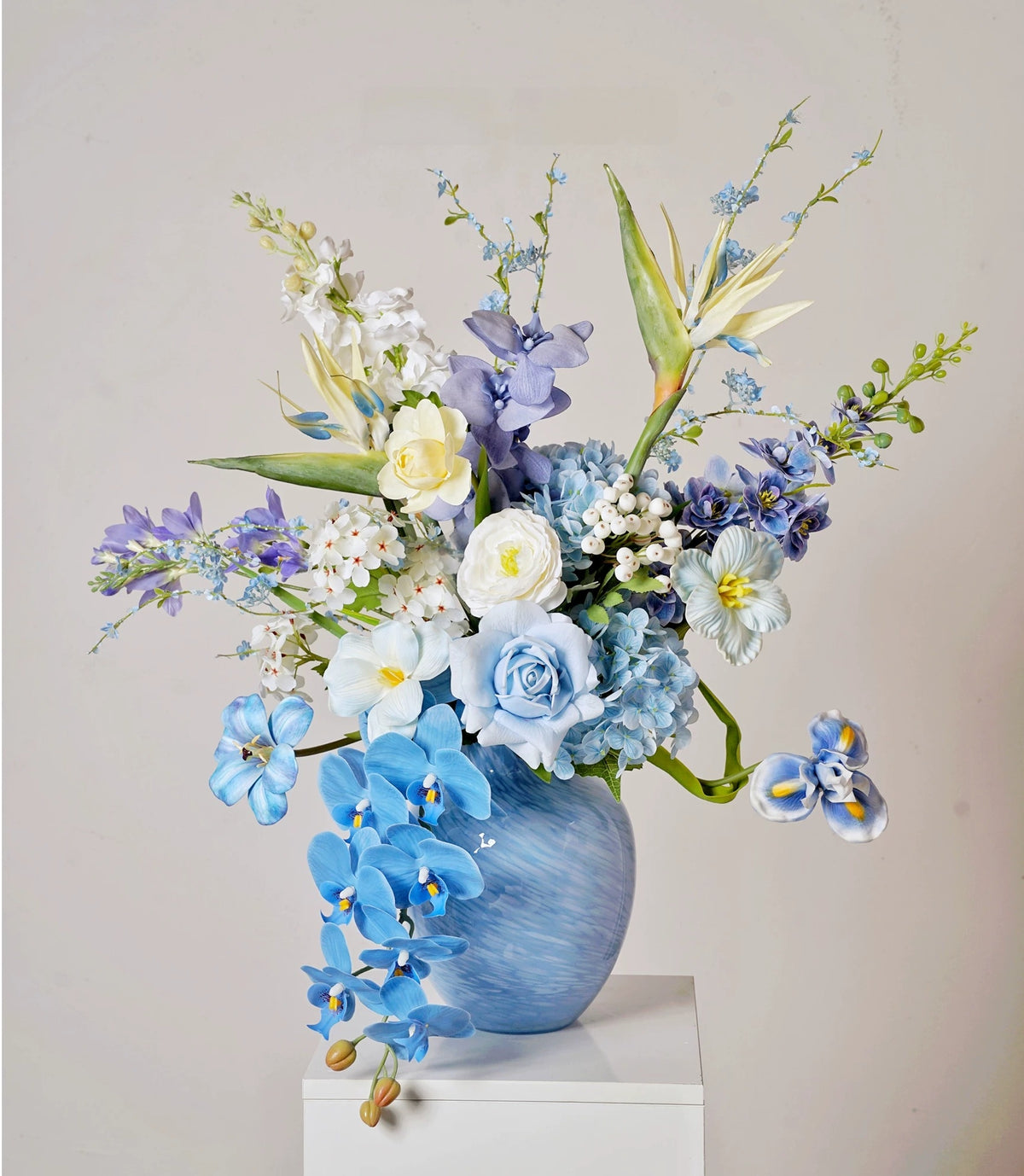 ValarFlower Blue White Artificial Flower Arrangement, Elegant Orchid Rose Floral Decor for Wedding and Home VB-293