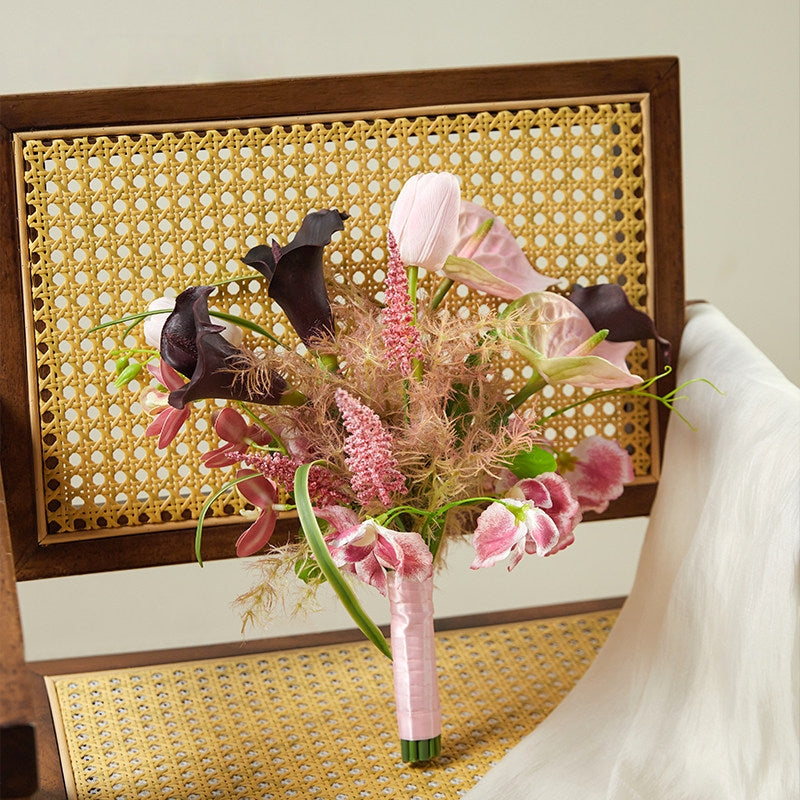 ValarFlower Modern Artificial Bridal Bouquet, Pink Anthurium & Black Calla Lily Faux Flower Bouquet for Bride, Bridesmaid, Wedding Ceremony & Photoshoot VB-259