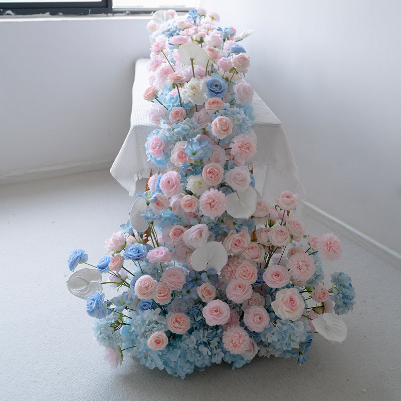 パステルピンクとブルーのフローラルウェディングテーブルランナー、人工花アレンジメント、レセプションデコレーション&イベントディスプレイ FA-223